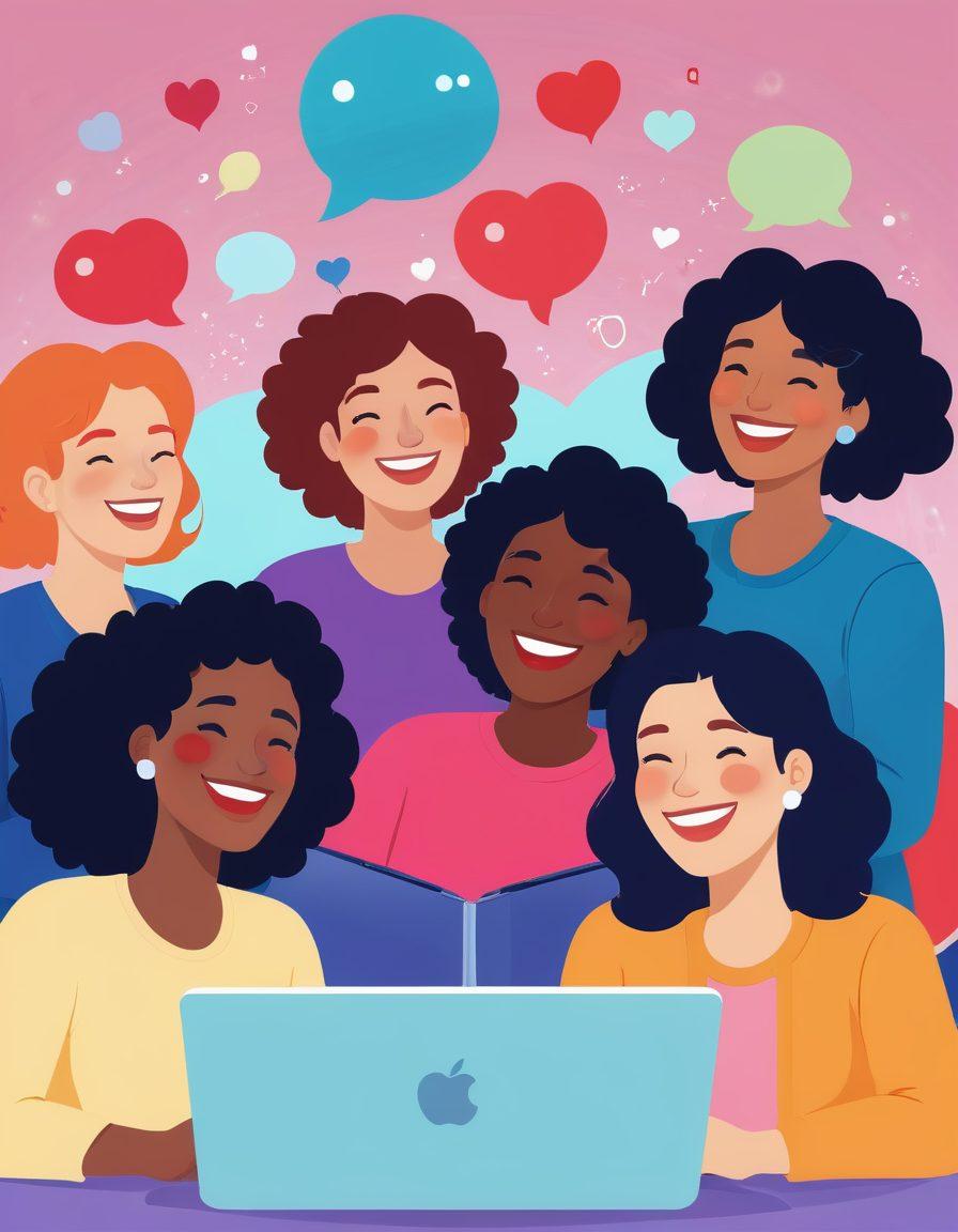 A diverse group of mothers engaging in a virtual video call, sharing tips and laughter, with a digital globe in the background symbolizing connectivity. Include chat bubbles, heart emojis, and a subtle overlay of icons like laptops and smartphones. vibrant colors. vector art.