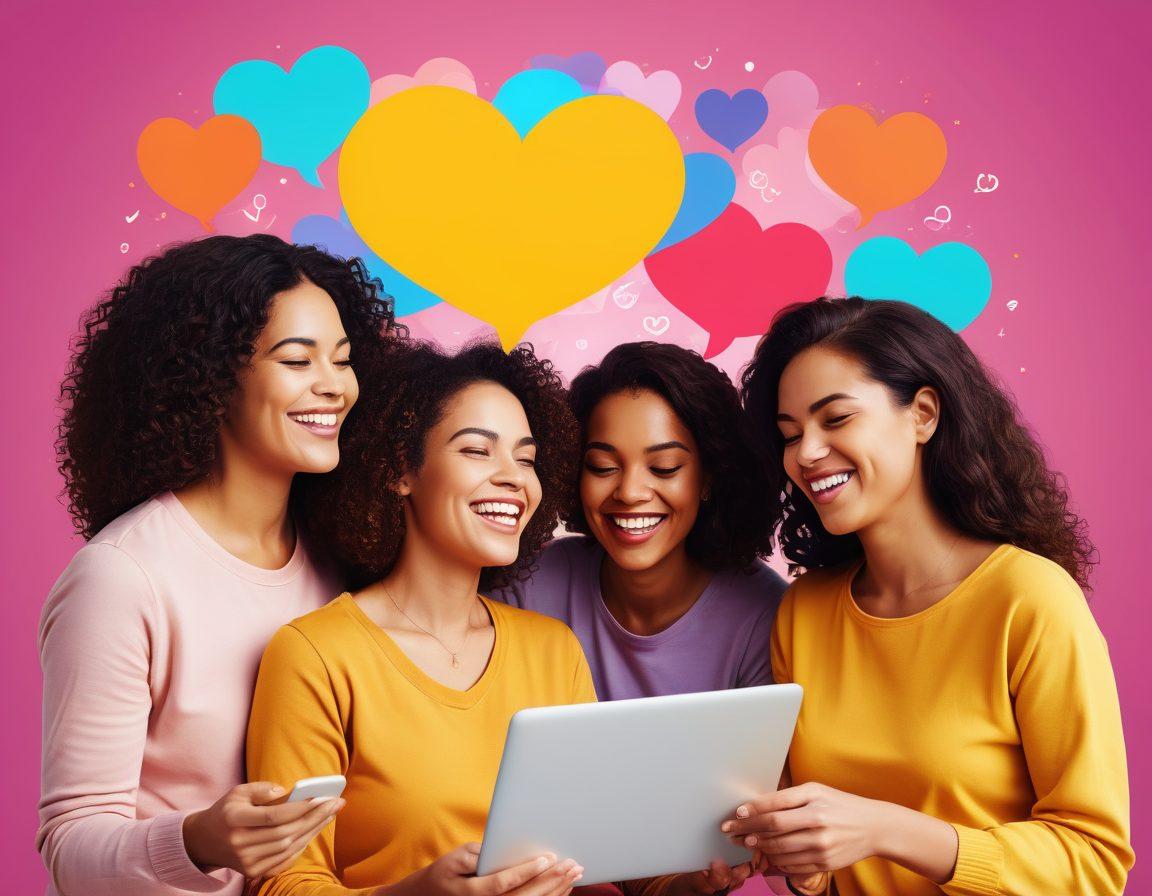A diverse group of joyful mothers connected through digital devices, engaging in lively discussions and sharing experiences. Background depicting vibrant online community symbols like hearts, likes, and chat bubbles, with a soft, colorful digital aesthetic. vector art. vibrant colors.