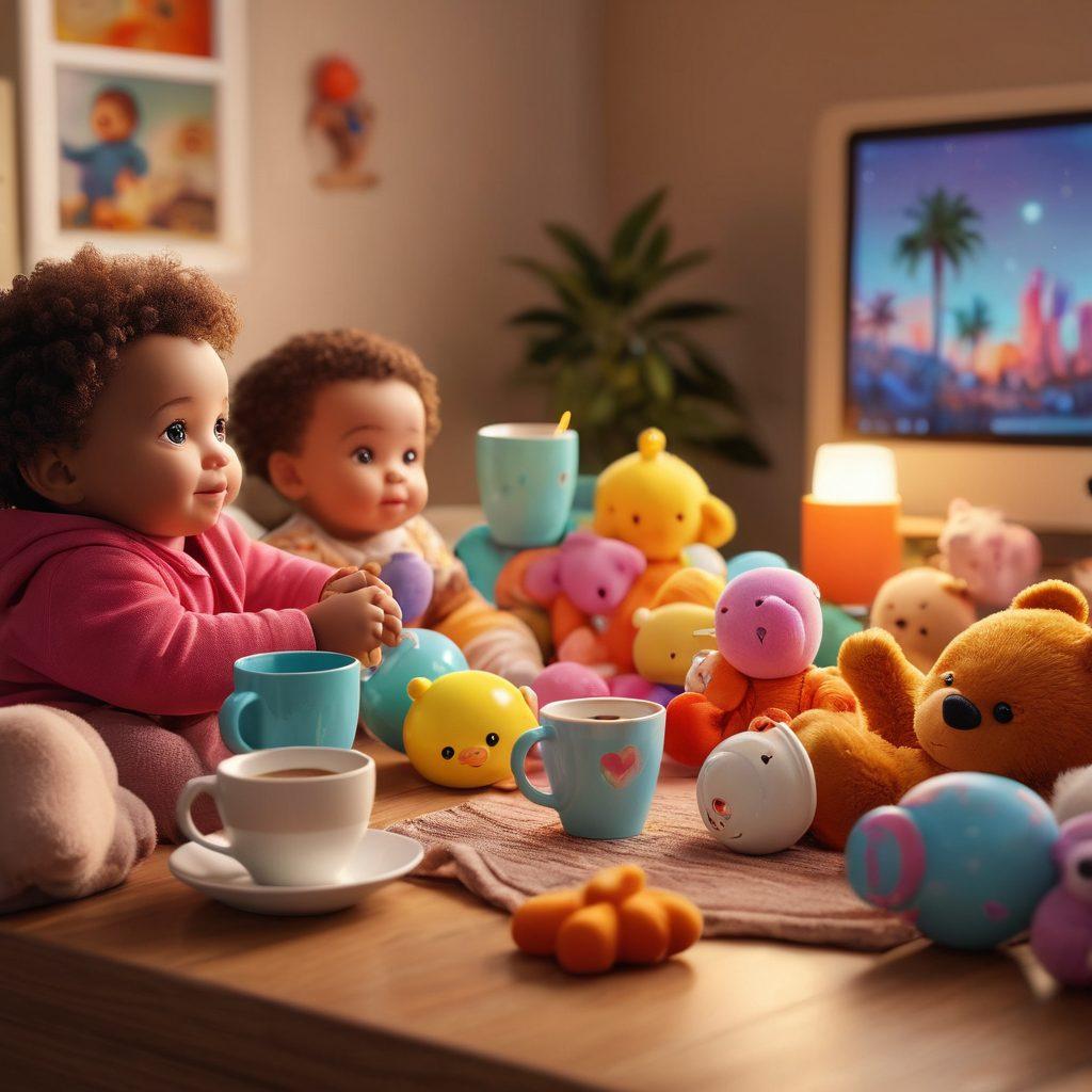 A heartwarming online community scene where diverse mothers connect through video calls, cheerful group chats, and shared posts. Various elements like colorful baby toys, coffee cups, and supportive messages. An inviting, cozy environment that exudes warmth and togetherness. Super-realistic. Vibrant colors.